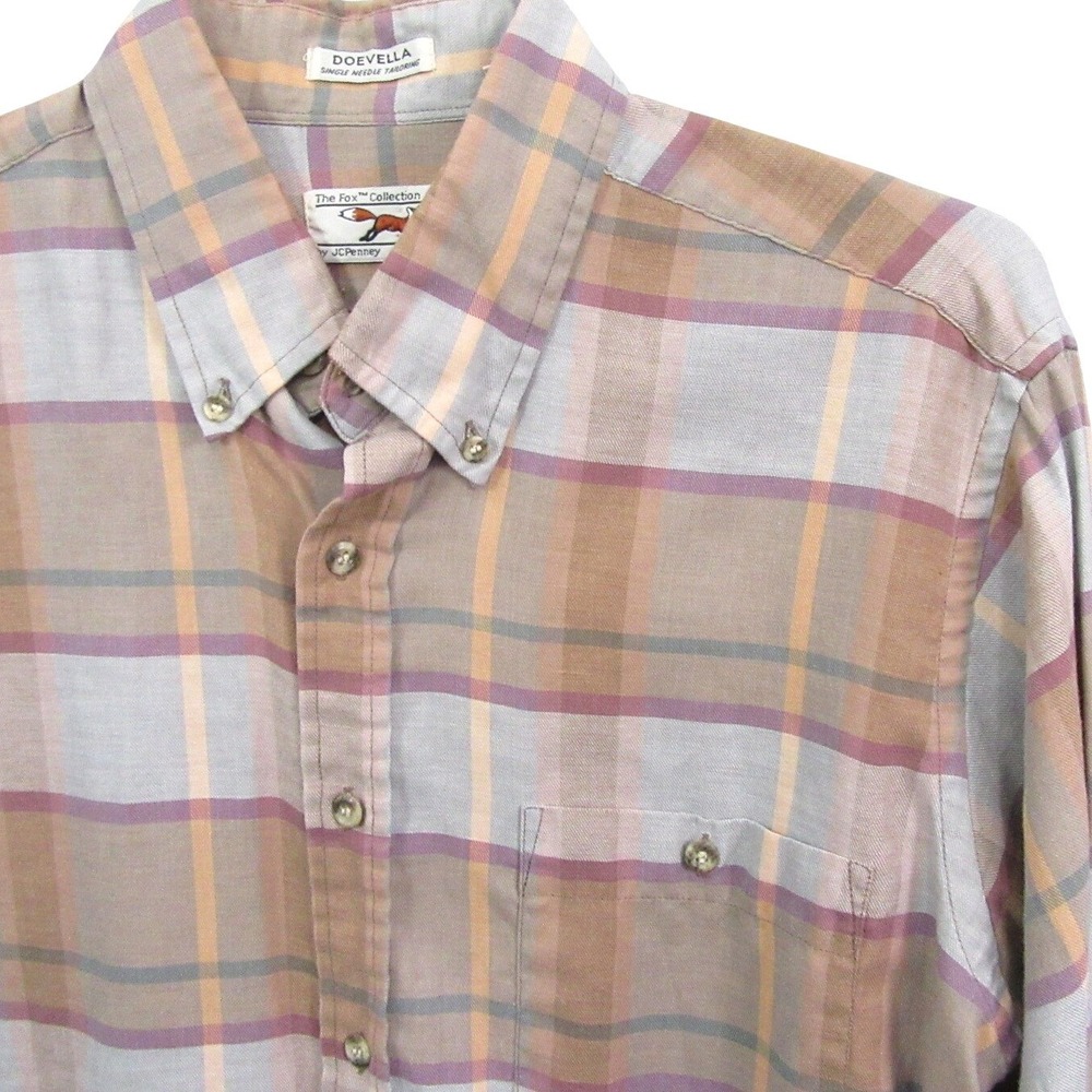 Vintage JCPenney Fox Collection Mens Button Down Shirt Large‎ LT Brown Plaid